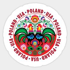 a round sticker with the words poland and roosters on it