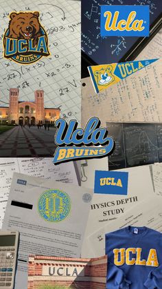 the collage shows many different logos and numbers on paper with words written in them