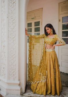 DETAILS. Biscotti yellow lehenga set with dupatta.  DELIVERY. Delivery will require up to 4 weeks as the product is customised. For sizing please refer to our sizing chart or for custom sizing please contact us on info@waliajones.com. Slides Outfit, Ritu Kumar, Desi Clothes, Indian Bridal Wear, Indian Couture, Dress Indian Style