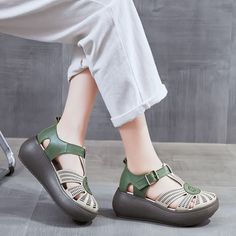 Gender: Women Item Type: Roman High Heels Sandals Upper Material: Top Layer Cowhide Toe Type: Closed- Toe Heel Type: Heels Heel Height: High Heel (6-8 cm) Season: Summer Theme: Daily, Casual, Holidays Size Chart: size length cm inch 35 22.50 8.86'' 36 23.00 9.06'' 37 23.50 9.25'' 38 24.00 9.45'' 39 24.50 9.65'' 40 25.00 9.84'' Size Tips: For customers with wider feet, or a higher instep, we recommend sizing up to ensure a comfortable fit. Please consider your foot width when selecting your shoe Green Closed Toe Wedge Sandals, Casual Green Closed Toe T-strap Sandals, Green Bohemian Sandals With Round Toe, Green Bohemian Round Toe Sandals, Casual Green T-strap Sandals With Round Toe, Green Bohemian Closed Toe Sandals, Bohemian Green Closed Toe Sandals, Closed Toe Heels, High Heels Sandals