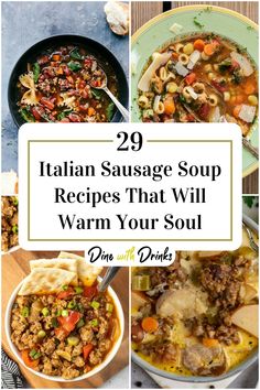 Collage of 4 italian sausage soup recipes. Sausage And Dumpling Soup, Soup Recipes Sausage, 5 Can Soup Recipe, Italian Sausage Soup Recipes, Sausage Soup Crockpot, Can Soup Recipe, Creamy Tomato Bisque, Spaghetti Soup, Sausage Crockpot