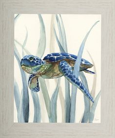 a watercolor painting of a sea turtle swimming in the ocean with blue algaes