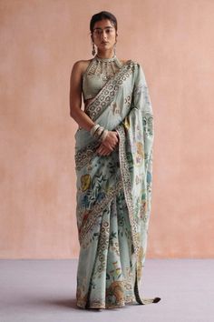 Buy Ivory Saree Silk Organza Embroidered Thread Border Work With Blouse For Women by Label Nitika Online at Aza Fashions. Archana Jaju, Ivory Saree, Painted Mosaic, Floral Cutwork, Painted Saree, Mosaic Floral, Kalamkari Dresses, Floral Saree