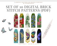 the book cover for set of 10 digital brick stitch patterns pdf, with butterflies and flowers