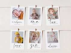 six baby pictures hanging on clothes pins with the names of five different babies in them