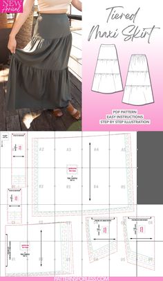 Tiered Maxi Skirt Sewing Pattern Tired Skirt Sewing Pattern, Tiered Maxi Skirt Pattern, Maxi Skirt Pattern Sewing, Full Length Skirt Pattern, Tier Skirt Pattern, Long Skirt Pattern Sewing, Layered Skirt Pattern, Gathered Skirt Pattern, Long Skirt Sewing Pattern