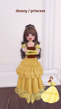 the doll is wearing a yellow dress and holding a brown box in her hands, standing next to a white wall