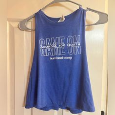 Burn Boot Camp Tank Top Shirt Size Small Nwot Game On Casual Tops For Fall Camping, Casual Fall Tops For Camping, Casual Cotton Camp Shirt For Camping, Casual Cotton Camp Shirt, Blue Cotton Tops For Camping, Casual Sleeveless Graphic Print Shirt, Casual Letter Print Tops, Burn Boot Camp, Boot Camp