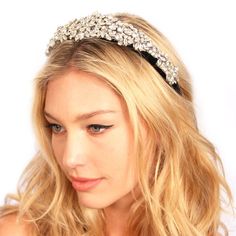 A black velvet wrapped headband covered in sparkling glass rhinestones.  {THE DETAILS}-Black velvet padded headband-Band width: approx 2.5" at its widest and tapers to 1" -100% Glass Rhinestones -One size Black Tiara, Gatsby Headband, Prom Hair Accessories, Tiara Headpieces, Crystal Tiara, Beige Blonde, Headband Tiara, Beaded Headband, Crystal Headband