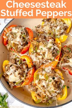 cheese steak stuffed peppers in a skillet