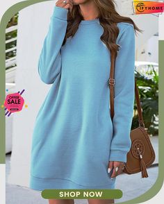 Vintage Solid Crew Neck Long Sleeve Casual Sweatshirt Dress Basic Fashion, Sweater Dress Casual, Women Long Sleeve Dress, Mini Robes, Vintage Short, Mini Sweater Dress, Dress Silhouette, Daily Dress, Casual Sweaters