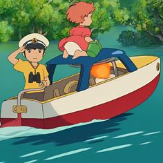 two people in a small boat on the water with trees behind them and one person holding a stuffed animal