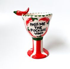 Hand painted ceramic wine cup with chilies and  quote. Cute enough to make your guests happy! This handmade mug will packaged in a well-presented cardboard box, perfect as a cute little gift for your loved ones You can wash it in the dishwasher but we recommend hand wash. Safe to contact with foods. Capacity: 2000 ml Height: 16 cm Depth: 7,5 cm Width: 6,5 cm Please note that these are not 'perfect', factory formed items and they can't be identical with each other. So PLEASE LOOK CLOSELY BEFORE PURCHASING! There can be little flows and differences on products which make them unique. You can send message for all of your questions! Wish you to enjoy our products! Pottery Wine Glasses, Ceramic Wine Glasses, Quote Cute, Wine Painting, Presents For Mum, Wine Cup, Bar Art, Hand Painted Ceramic, Wine Cups