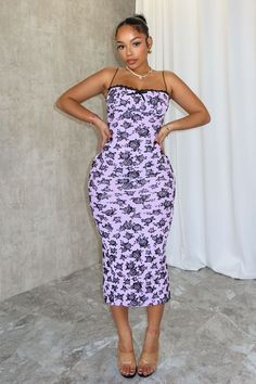 Naughty Violet Floral Midi Dress Dress EDGE Small Lavender Fitted Sleeveless Midi Dress With Contrast Lace, Lavender Party Dress With Lace Trim, Fitted Lavender Floral Print Midi Dress, Fitted Purple Dress With Lace Trim, Velvet Burnout, Aaliyah, Floral Midi Dress, Lace Trim, Violet