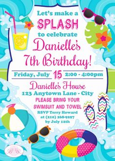 Splash Bash Birthday Party, Swim Party Invitations, Beach Party Invitations, Beach Birthday Party, Fun Party Themes, Bear Invitations, Pool Party Invitations, Summer Birthday Party, Beach Wave