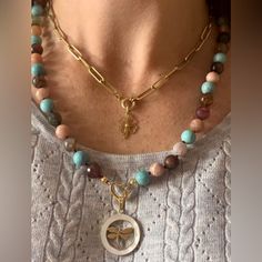 Beautiful Hand Knotted Necklace With Amazonites, Tourmaline Pink Moonstone And Agates Length Approximately 19” Gold Filled Components Gems Necklace, Book Pendant, Layered Pearl Necklace, Pink Moonstone, Hand Knotted Necklace, Knotted Necklace, Christmas Necklace, Long Silver Necklace, Work Gear