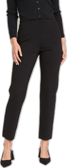 Stretch High Rise Pull-on Pants, High Rise Bottoms With Comfort Stretch And Elastic Waistband, High Rise Pants With Elastic Waistband And Comfort Stretch, Black High Rise Bottoms With Elastic Waistband, Black Comfort Stretch Pants For Business Casual, Comfort Stretch Black Pants For Business Casual, Stretch Pull-on Bottoms For Business Casual, Chic Workwear Pants With Comfort Waistband, Chic Pants With Comfort Waistband For Work