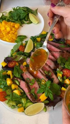 Thai Beef Salad is a colorful and flavorful Thai salad that bursts with tangy flavors and vibrant colors! Layered with sweet mango, fresh mint and basil and drizzled with a sweet chili lime dressing that coats the grilled steak beautifully. If you are looking for a new favorite weeknight salad recipe with loads of textures and flavors, you will love this zesty Thai inspired beef salad! Weeknight Salad, Steak Salad Dressing, Thai Basil Recipes, Thai Steak Salad, Thai Beef Salad Recipe, Salad With Mango, Chili Lime Dressing, Thai Beef Salad, Thai Salad