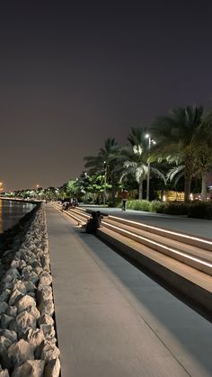 a long stretch of concrete next to water at night with palm trees in the background