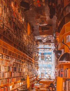 two people are sitting in the middle of a long room with many bookshelves