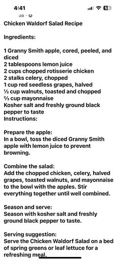 the recipe for chicken salad is shown in black and white