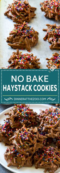 no bake haystack cookies on a plate with sprinkles