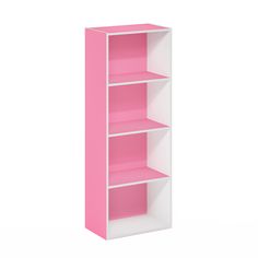 a pink and white book shelf against a white background