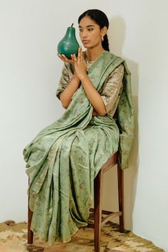 Green chanderi saree with all-over floral prints. Comes with cotton silk unstitched blouse piece. - Aza Fashions Unstitched Pista Green Cotton Silk Pre-draped Saree, Pista Green Cotton Silk Pre-draped Saree, Pista Green Cotton Silk Pre-draped Saree With Pallu, Festive Pista Green Cotton Silk Blouse Piece, Green Resham Embroidery Pre-draped Saree For Puja, Green Pre-draped Saree With Resham Embroidery For Puja, Pista Green Chanderi Blouse With Traditional Drape, Pista Green Cotton Silk Blouse With Traditional Drape, Pista Green Chanderi Blouse For Navratri