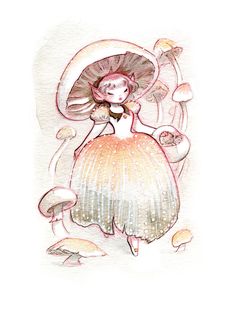 a watercolor drawing of a woman in a dress and hat with mushrooms around her