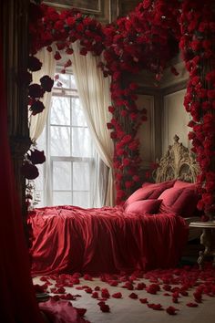 a bed with red sheets and rose petals on it