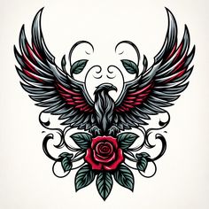 a bird with wings and a rose tattoo design