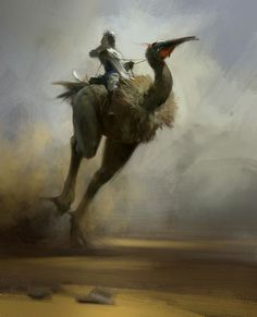 a painting of a man riding on the back of a camel with a bird in it's mouth