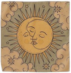 the sun and moon face each other in front of some clouds with stars on them