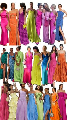 many different types of dresses on display in multiple colors and sizes, all with one woman standing