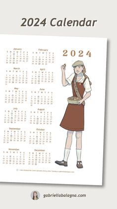 a calendar with a woman in a dress and hat holding a cup on her hand