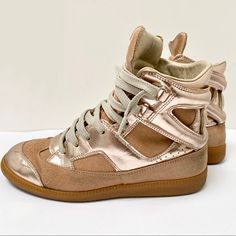 Maison Martin Margiela Sneakers Suede And Metallic Rose Gold (Retail $695) Size 36 Fits Womens Size 6-6.5 Worn With Love, There Are Scuffs On Leather At Toe, Along Inner Shoe As Well As Suede Discoloration. Will Send More Photos If Requested Margiela Sneakers, Martin Margiela, Womens Shoes Sneakers, Shoes Sneakers, Womens Sizes, Rose Gold, Women Shoes, Sneakers, Women Shopping