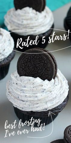 an oreo cookie cupcake with white frosting and chocolate cookies on top, labeled in