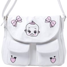 Sourpuss Nomad Baby Baby Doll Kewpie Shoulder Bag Purse New With Hangtag White Faux Soft Leather / Vinyl Accented Machine Embroidery Of Baby Face With Pink Bows , Pink Hearts. Adjustable Strap Two Front Snap Pockets . Zipper-Top Main Compartment Half Moon Front Pocket - Zipper Flip Over With Magnetic Snap Front Semi Circle Lined In Black Fabric. One Zipper Pocket On The Back Inside Is Black Fabric . On The Sides Has Two Slip Pockets And A Zipper Pocket Approx Size : 14" X 12" X 3.5" Diaper Bag , White Harajuku Bag With Cute Design, Cute White Shoulder Bag With Cute Design, Playful White Bag With Cute Design, Playful White Bag For Playtime, Playful White Bag With Adjustable Strap, Circle Top, Bows Pink, Pink Bows, Pink Hearts