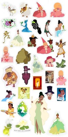 disney princess stickers are arranged on a white surface with different colors and shapes in the background