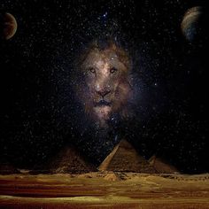 an image of the face of a lion in front of two pyramids and planets