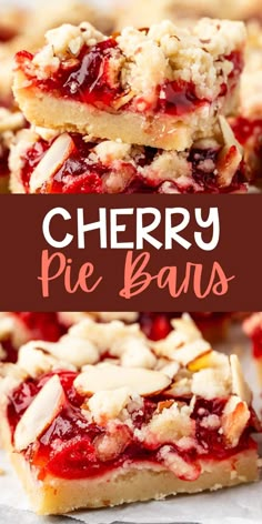 cherry pie bars stacked on top of each other with the words cherry pie bars above them