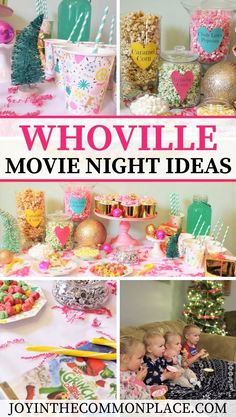 Whoville Movie Night Ideas Christmas Family Movie Night, Popcorn Bar Ideas, Christmas Movie Party, Whoville Party, Themed Movie Night, Christmas Whoville, Popcorn Christmas, Disney Movie Night Food, Movie Night Ideas