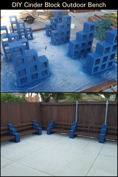 an outdoor bench made out of cinder blocks