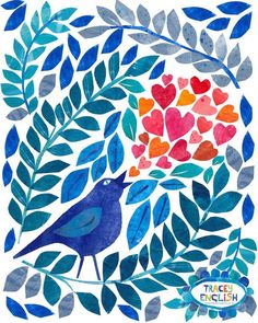 a blue bird sitting on top of a tree filled with lots of leaves and hearts