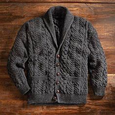 Men's wool cardigan sweater, 'Aran Legacy' - Irish Aran Shawl-collar Cardigan Wool Sweater Men, Mens Cardigan Sweater, Shawl Collar Cardigan, Mens Cardigan, Men Vintage, Brown Sweater, Looks Style, Wool Cardigan, Shawl Collar