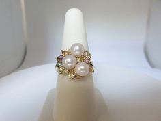 Vintage 14K Solid Gold Japanese Pearl & Gemstone Ring *  Sides Measure Approx 16.6mm Wide 3- 6.2mm Pearls June Birthstone *  5.5 Grams  Size 8  .63 ctw Diamond, Aquamarine, Citrine, Peridot, Amethyst Something Beautiful and Amazing Just Like You Are Elegant and Beautiful of Heirloom Quality R1539 Multi-stone Diamond Jewelry With Round Stones, Yellow Gold Multi-stone Jewelry For Anniversary, Yellow Gold Three Stone Gemstones Fine Jewelry, Fine Jewelry Multi-stone Birthstone Ring, Anniversary Multi-stone Yellow Gold Jewelry, Yellow Gold Multi-stone Round Jewelry, Yellow Gold Multi-stone Jewelry, Yellow Gold Multi-stone Round Pearl Ring, Yellow Gold Multi-stone Pearl Ring