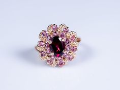 Flower cluster ring with pretty pink topaz and oval garnet. With the twisted yellow gold petals and the cute pink topaz stones this ring is a great addition to your collection. Garnet is January's birthstone. Normal Price: $695.00 Special Internet Price: $525.00 Metal: 10k Yellow Gold Gemstone Type: Garnet, Pink Topaz Gemstone Shape: oval, round Garnet: 8mm x 6mm oval, 1.50ct carat weight Coated Pink Topaz: round, 0.65cts total carat weight Design Elements: cluster garnet ring, flower halo, topa Pink Oval Multi-stone Ruby Ring, Dani Martin, Flower Cluster Ring, Art Deco Sapphire Ring, Antique Diamond Engagement Rings, Disney Bounds, Flower Halo, Garnet Gem, Flower Cluster