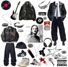 a collage of clothing and accessories including shoes, hats, sunglasses, headphones