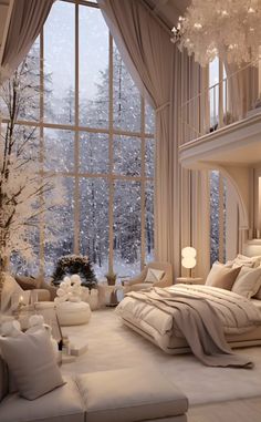 a bedroom with large windows, white furniture and snow covered trees in the window sill