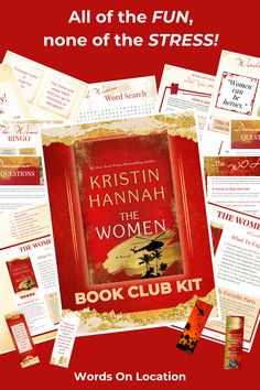 Red background with a white swath in the middle containing mulitple page mockups from a book club kit for The Women by Kristin Hannah. Center image is the cover of the book club kit with metallic gold on the top and bottom and a photo of the book cover in the middle. Book Club Hosting, Womens Book Club, Best Historical Fiction Books, Best Historical Fiction, Fiction Books Worth Reading, Kristin Hannah, Historical Fiction Novels, Naming Your Business, Custom Bookmarks